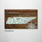 Tennessee Lakes & Rivers - Street Map on Wood