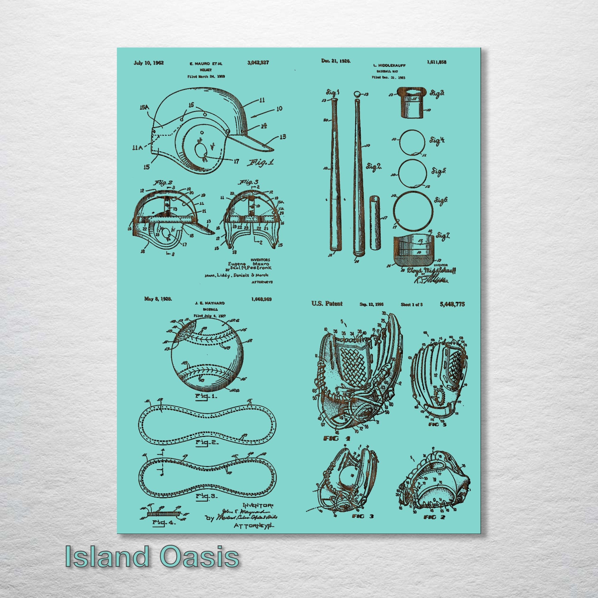 Baseball Equipment - Four Patent Collage on Wood