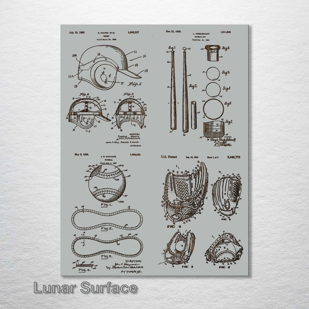 Baseball Equipment - Four Patent Collage on Wood