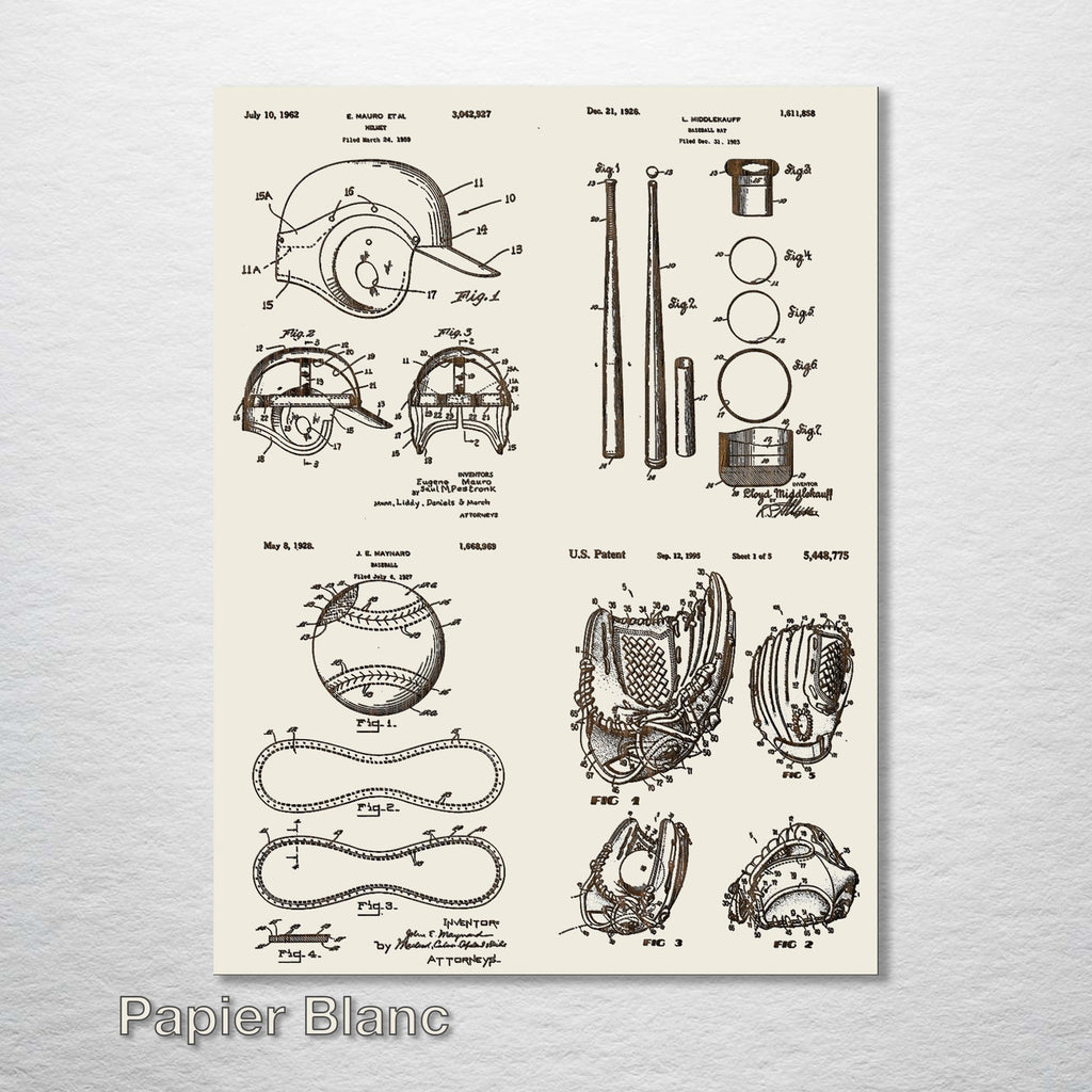 Baseball Equipment - Four Patent Collage on Wood