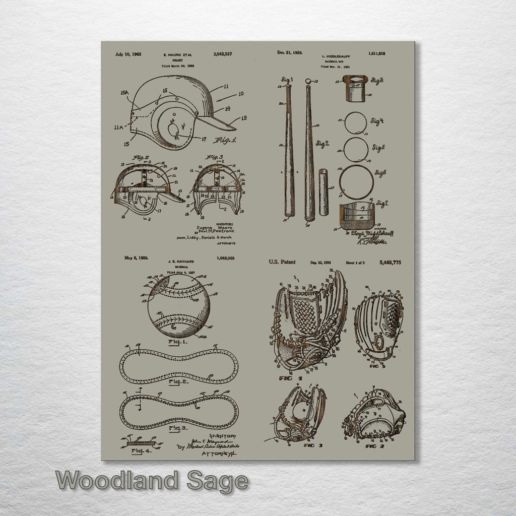 Baseball Equipment - Four Patent Collage on Wood