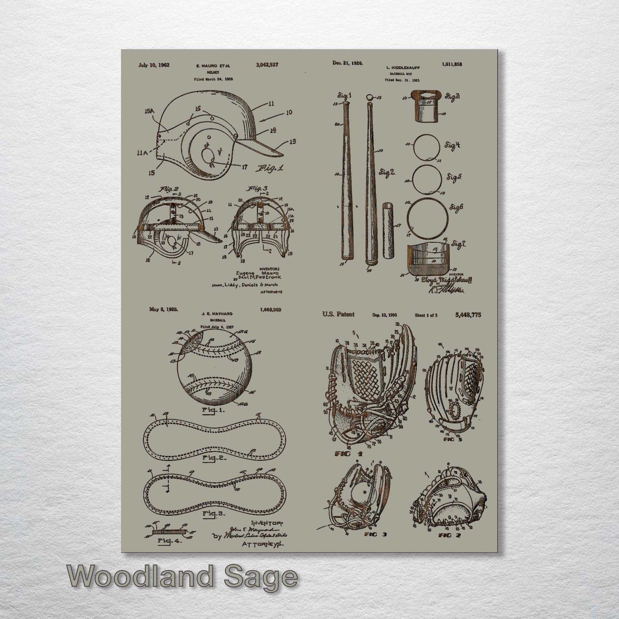 Baseball Equipment - Four Patent Collage on Wood