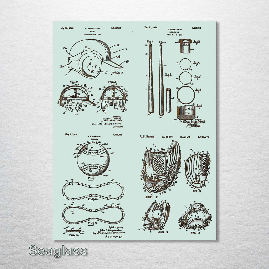 Baseball Equipment - Four Patent Collage on Wood
