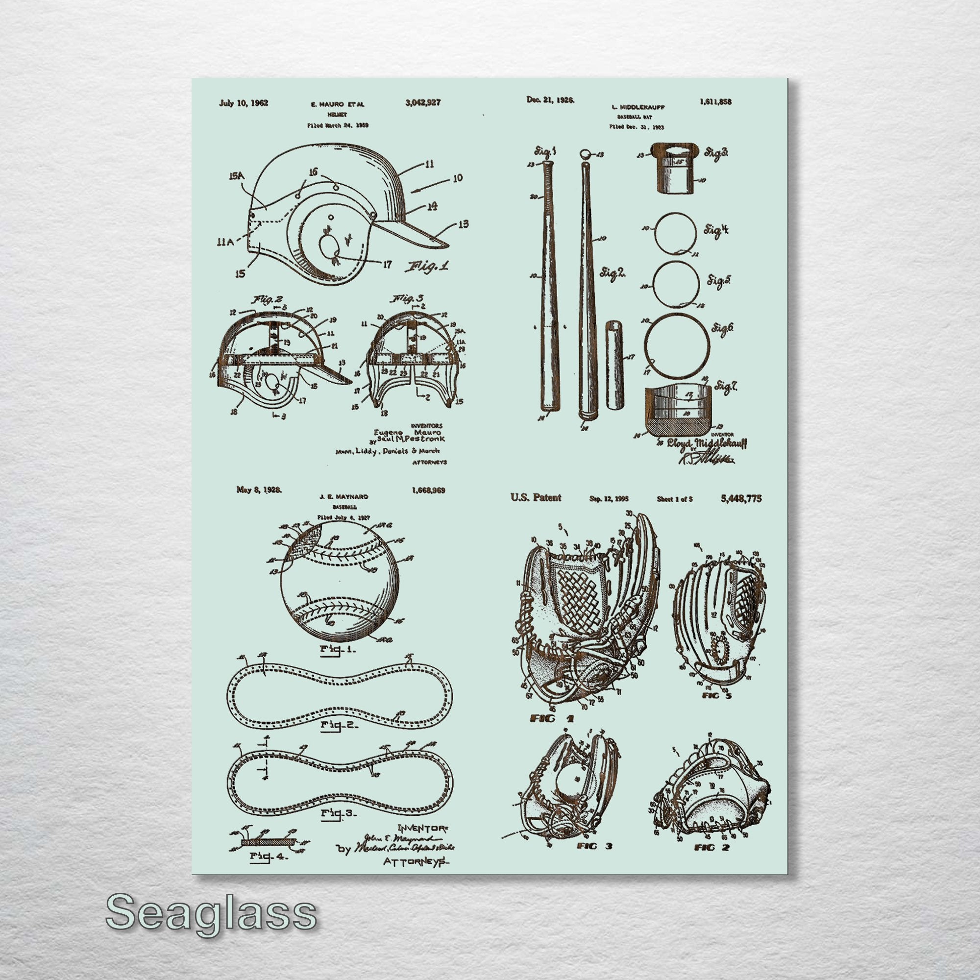 Baseball Equipment - Four Patent Collage on Wood