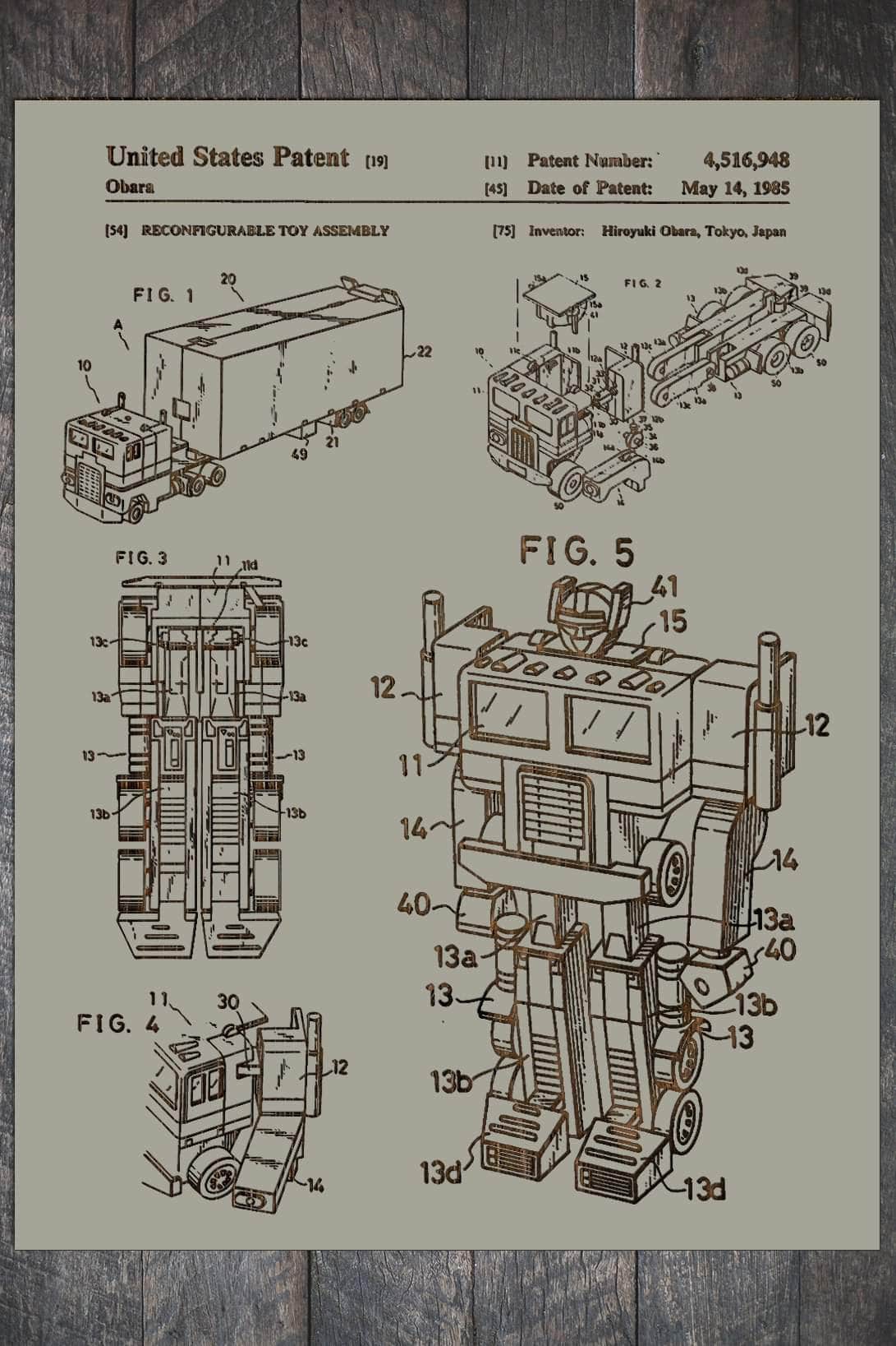 Transformer Action Figure - Patent on Wood