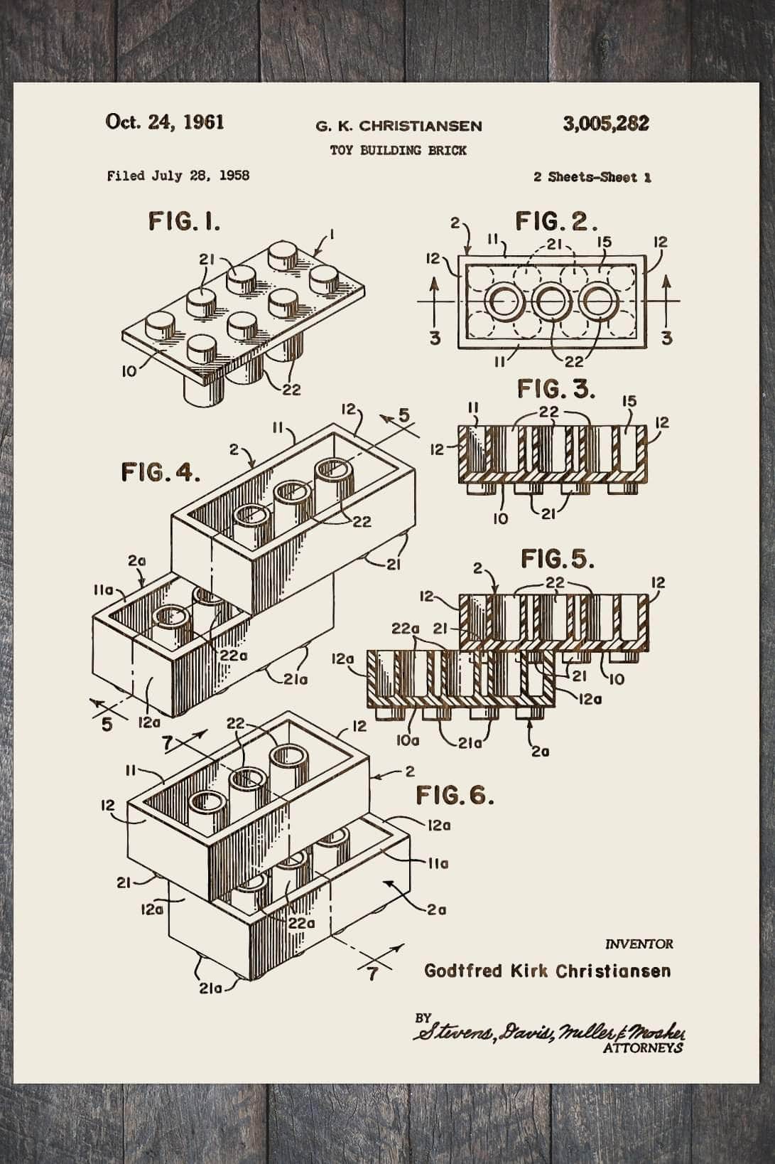 LEGO Building Block - Patent on Wood