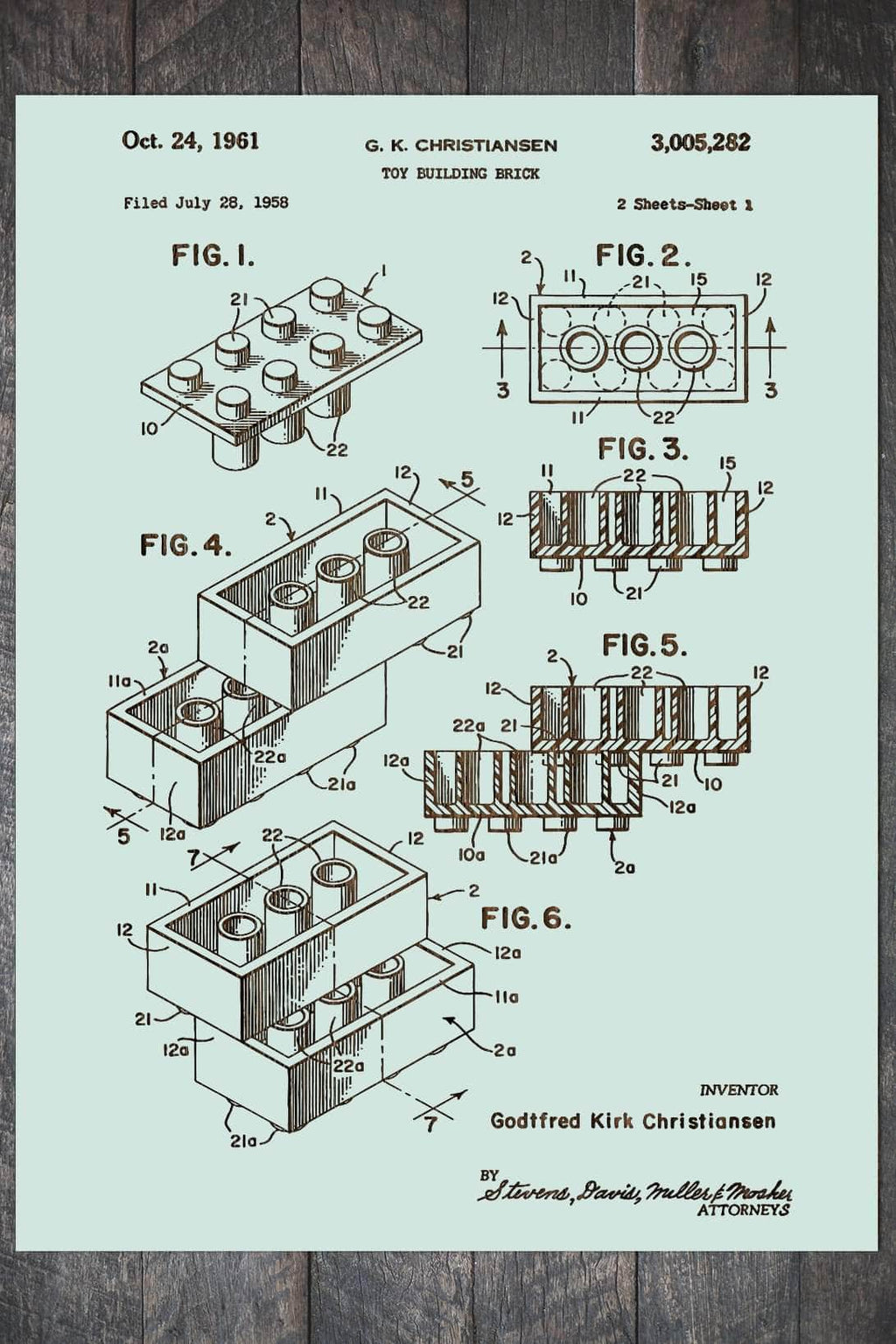 LEGO Building Block - Patent on Wood