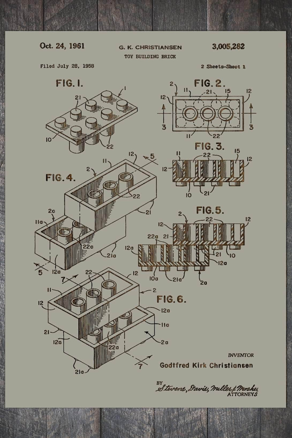 LEGO Building Block - Patent on Wood