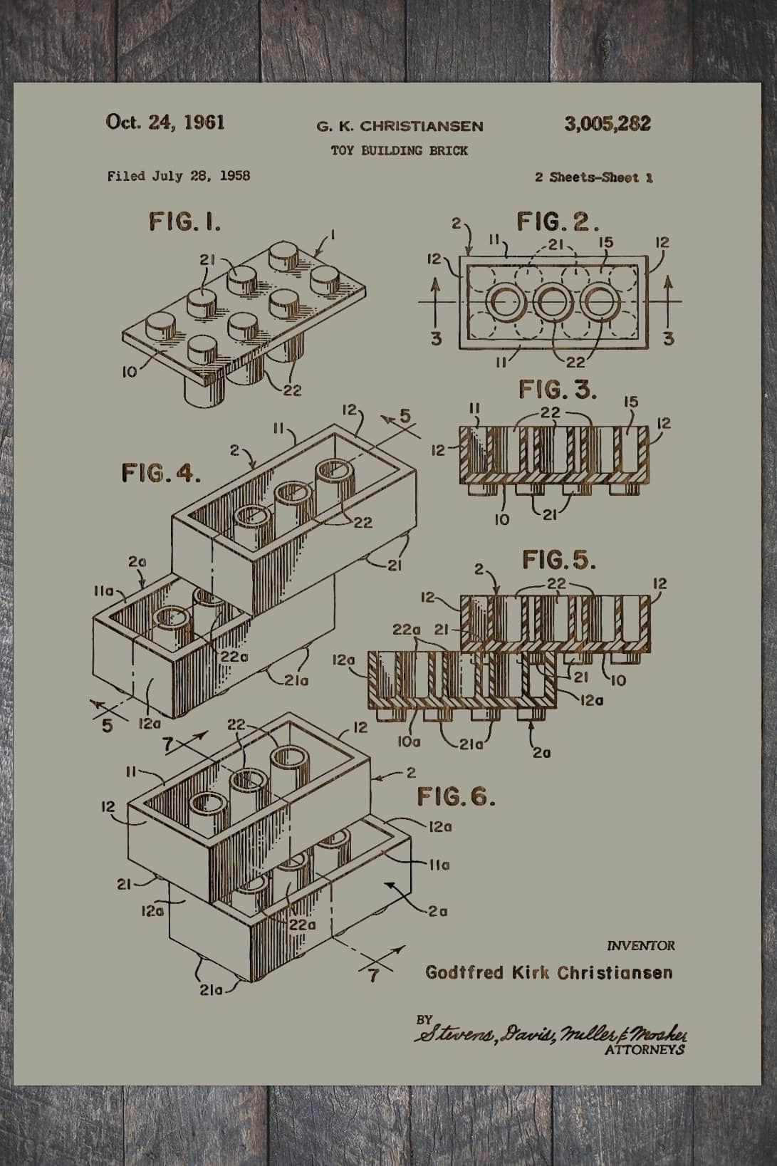 LEGO Building Block - Patent on Wood