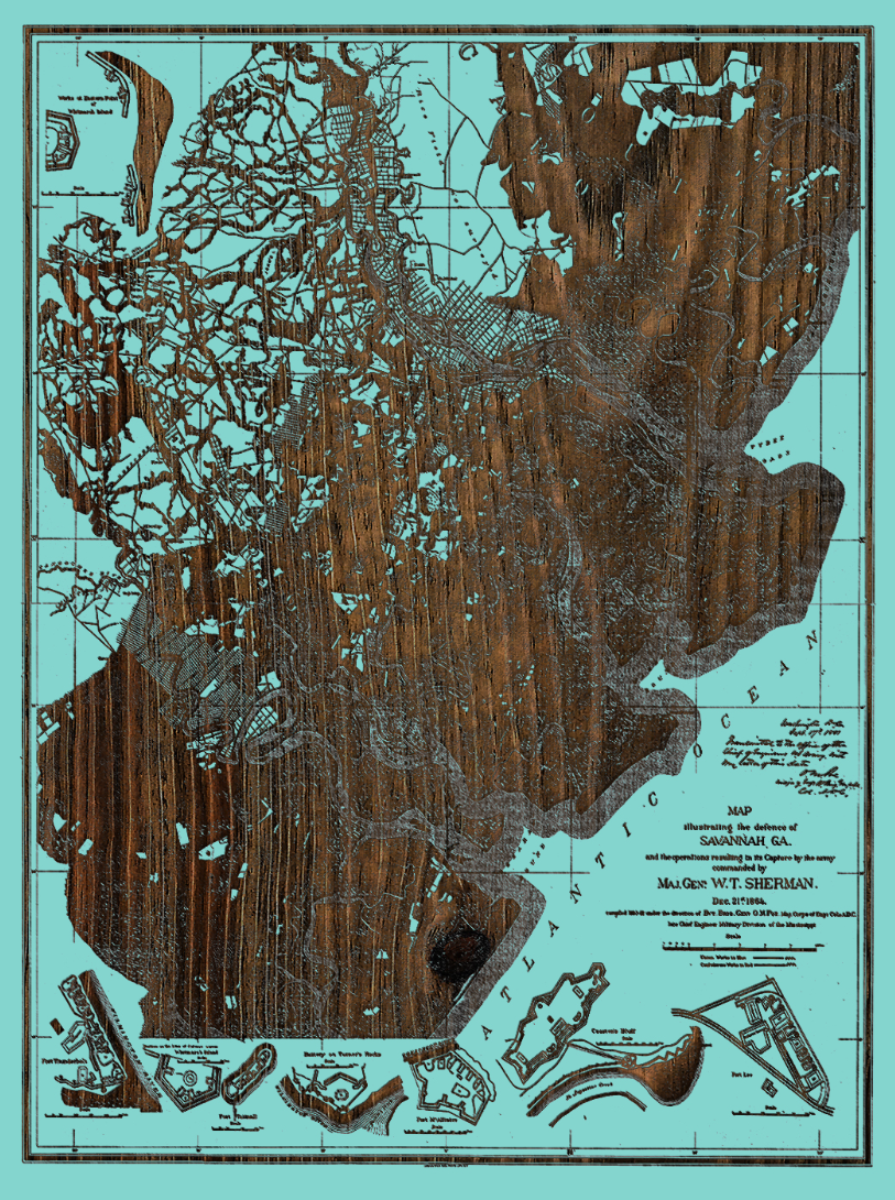 Defense of Savannah, GA Historic Laser Etched Map 1864