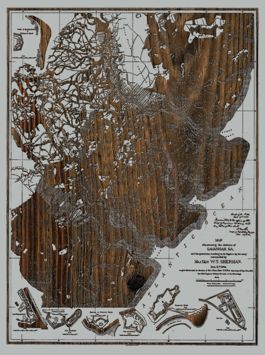 Defense of Savannah, GA Historic Laser Etched Map 1864