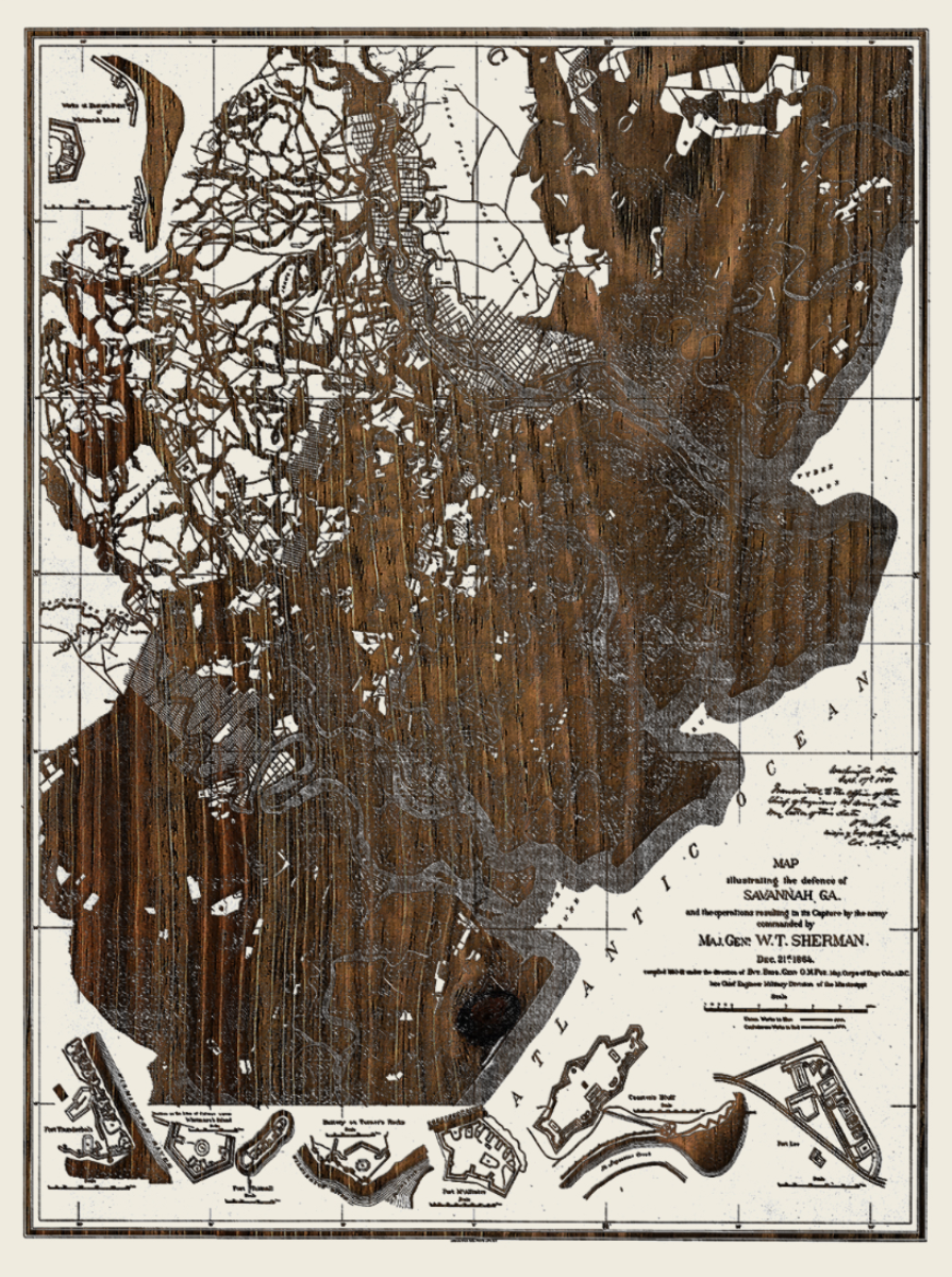 Defense of Savannah, GA Historic Laser Etched Map 1864