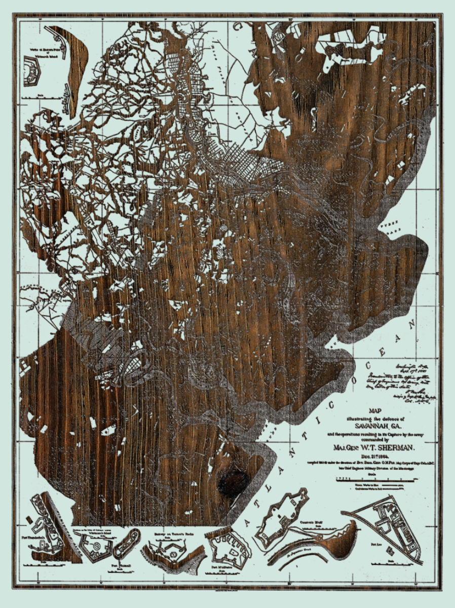 Defense of Savannah, GA Historic Laser Etched Map 1864