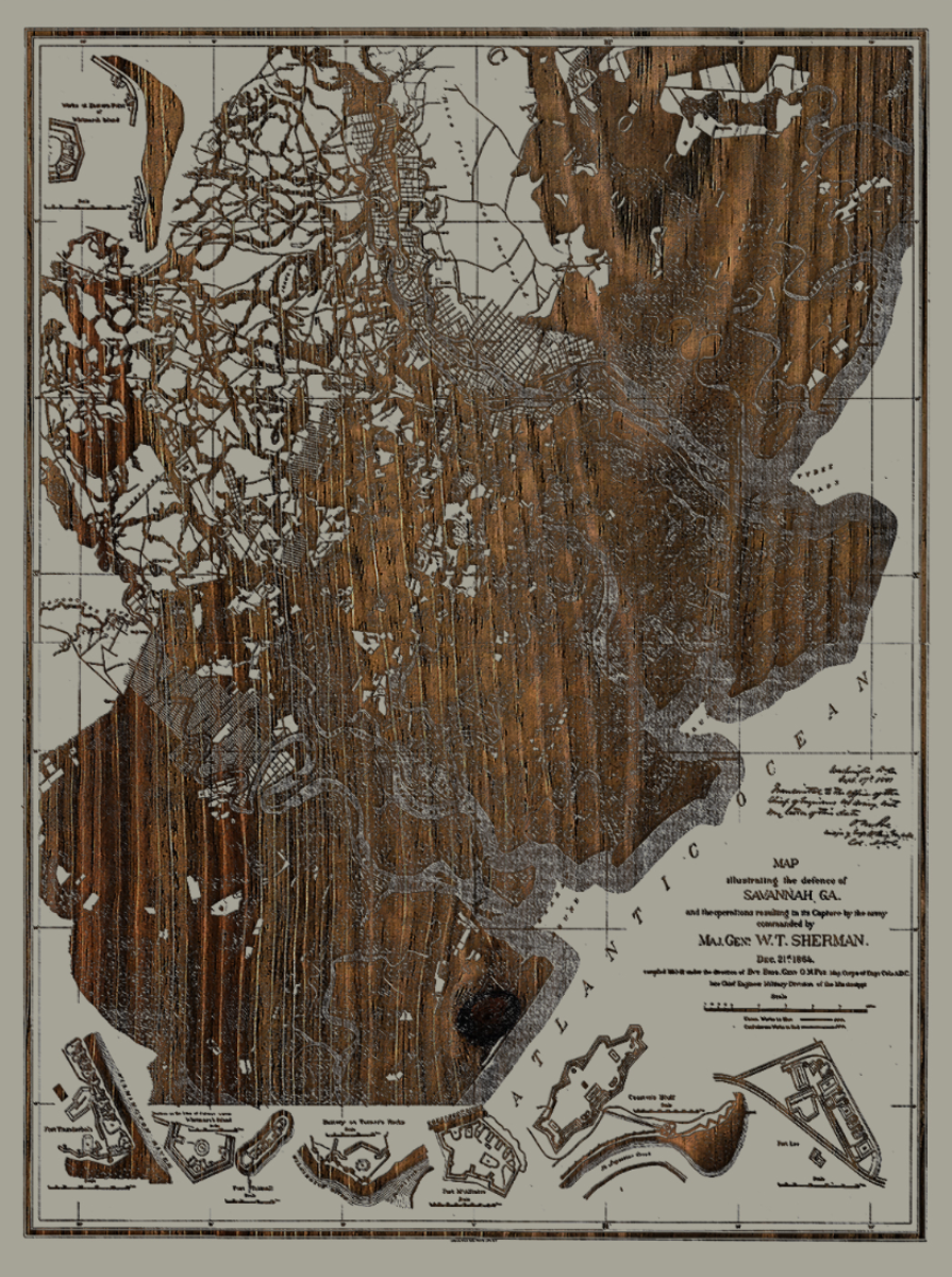 Defense of Savannah, GA Historic Laser Etched Map 1864